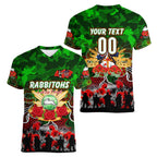 Personalized Rabbitohs ANZAC Day Women V-Neck T-Shirt Australian Army - Lest We Forget