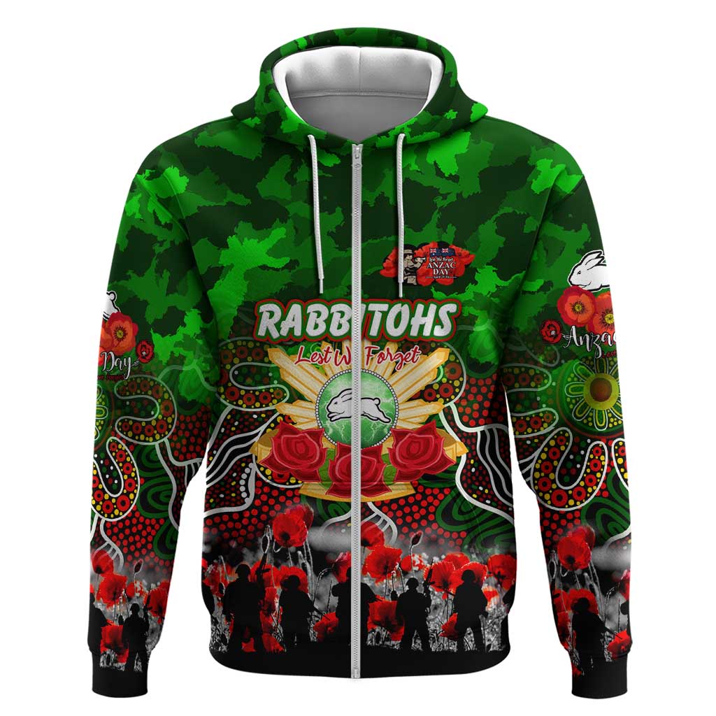 Personalized Rabbitohs ANZAC Day Zip Hoodie Australian Army - Lest We Forget