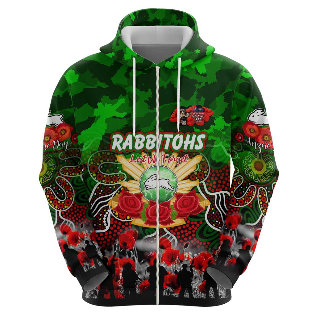 Personalized Rabbitohs ANZAC Day Zip Hoodie Australian Army - Lest We Forget
