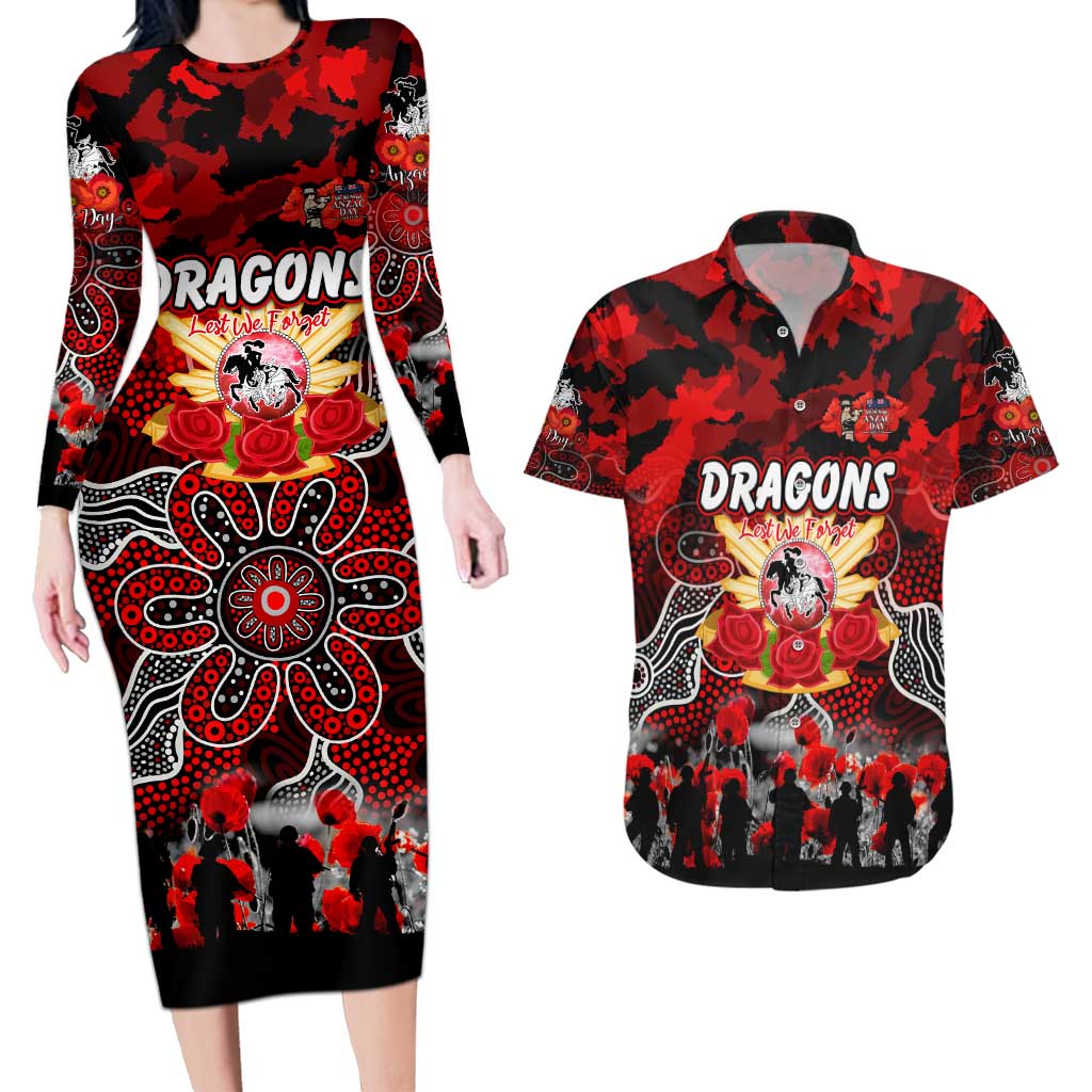 Personalized Dragons ANZAC Day Couples Matching Long Sleeve Bodycon Dress and Hawaiian Shirt Australian Army - Lest We Forget