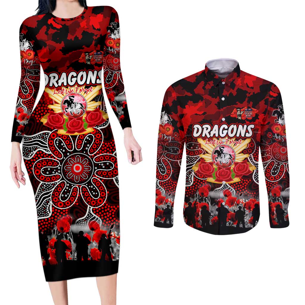 Personalized Dragons ANZAC Day Couples Matching Long Sleeve Bodycon Dress and Long Sleeve Button Shirt Australian Army - Lest We Forget