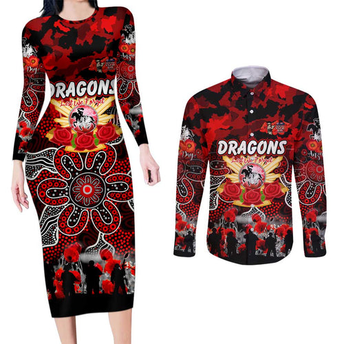 Personalized Dragons ANZAC Day Couples Matching Long Sleeve Bodycon Dress and Long Sleeve Button Shirt Australian Army - Lest We Forget