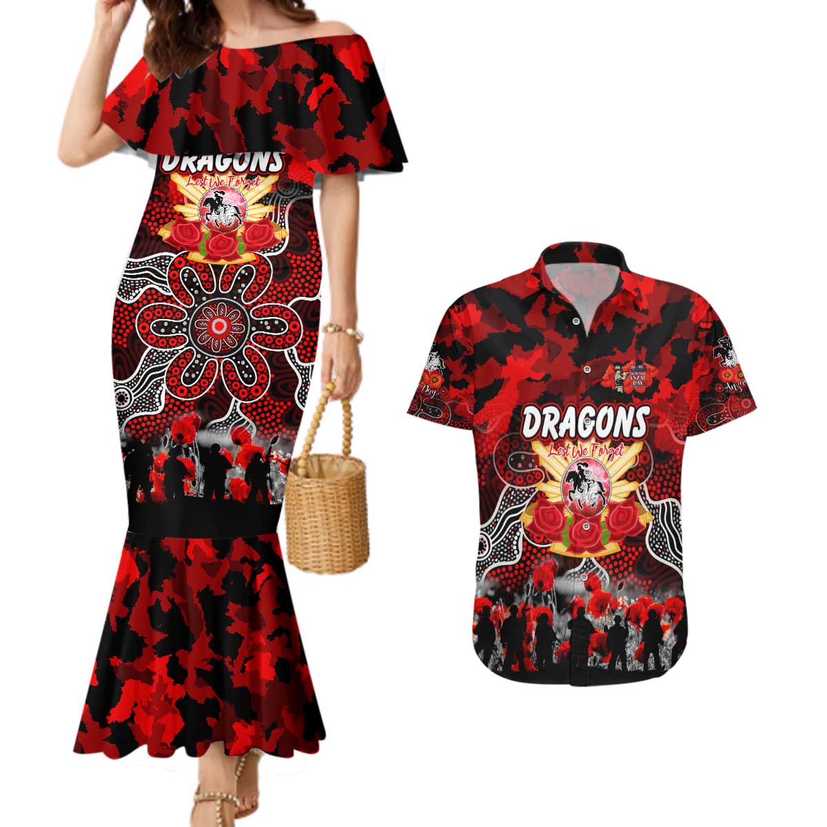 Personalized Dragons ANZAC Day Couples Matching Mermaid Dress and Hawaiian Shirt Australian Army - Lest We Forget