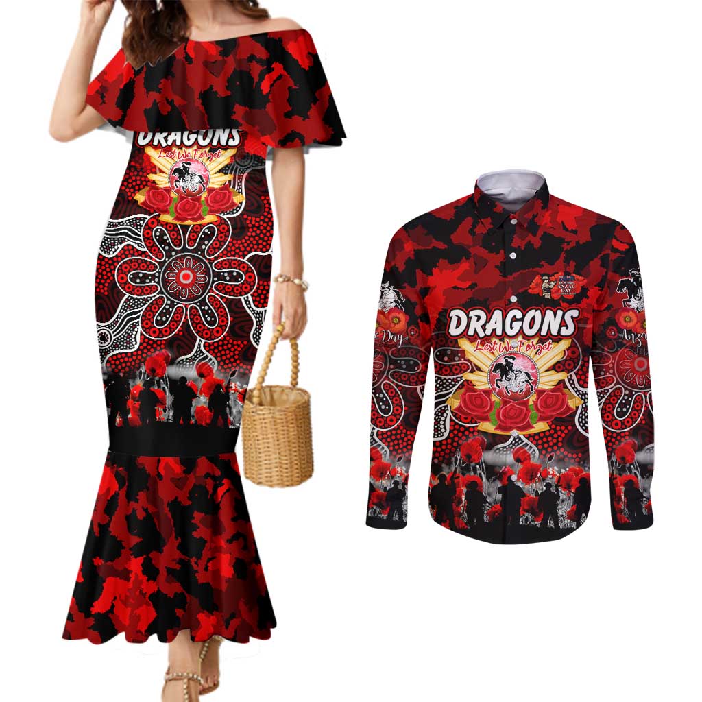 Personalized Dragons ANZAC Day Couples Matching Mermaid Dress and Long Sleeve Button Shirt Australian Army - Lest We Forget