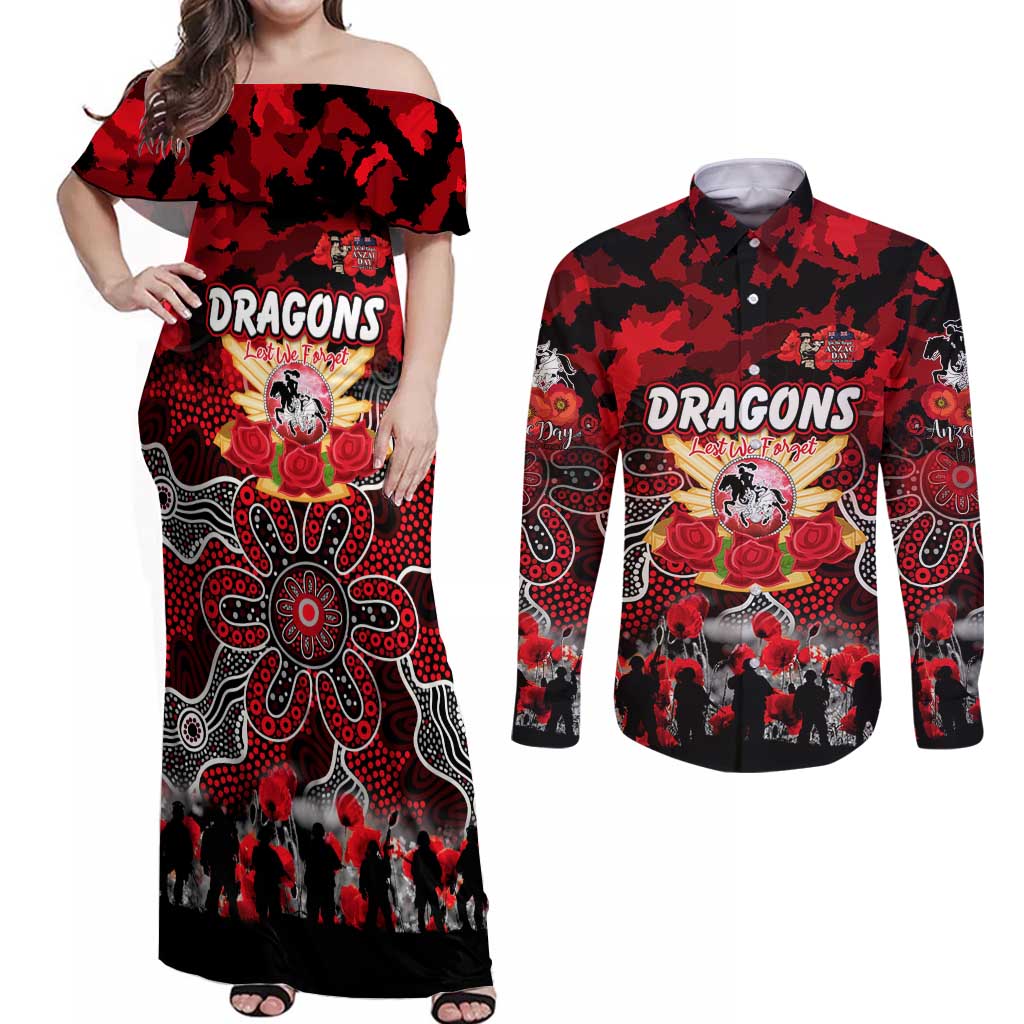 Personalized Dragons ANZAC Day Couples Matching Off Shoulder Maxi Dress and Long Sleeve Button Shirt Australian Army - Lest We Forget