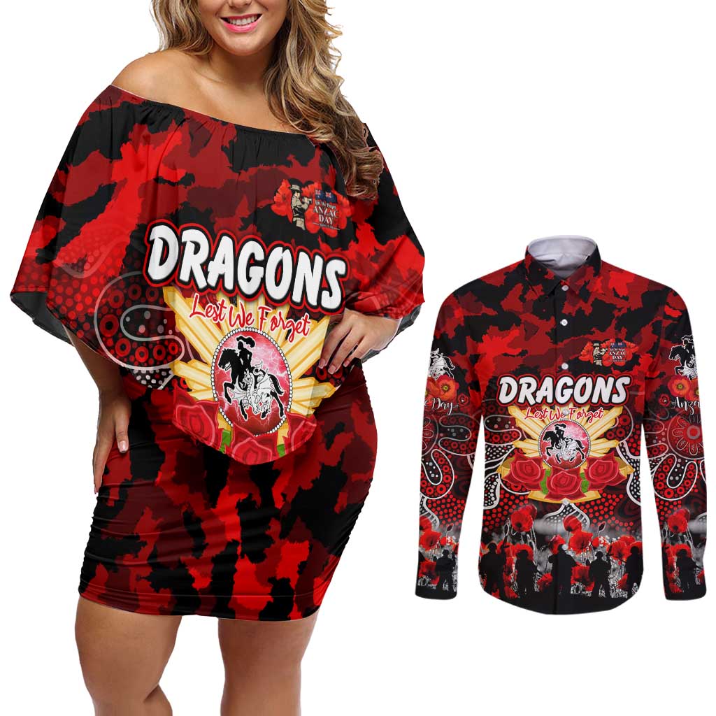 Personalized Dragons ANZAC Day Couples Matching Off Shoulder Short Dress and Long Sleeve Button Shirt Australian Army - Lest We Forget