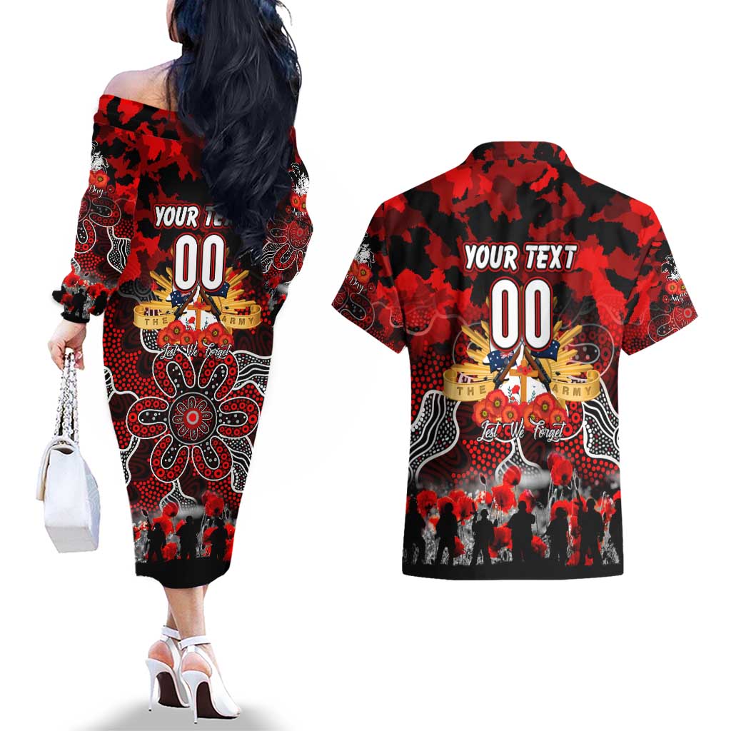 Personalized Dragons ANZAC Day Couples Matching Off The Shoulder Long Sleeve Dress and Hawaiian Shirt Australian Army - Lest We Forget