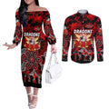 Personalized Dragons ANZAC Day Couples Matching Off The Shoulder Long Sleeve Dress and Long Sleeve Button Shirt Australian Army - Lest We Forget