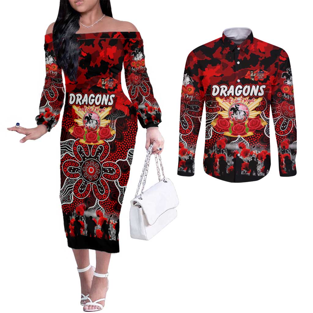 Personalized Dragons ANZAC Day Couples Matching Off The Shoulder Long Sleeve Dress and Long Sleeve Button Shirt Australian Army - Lest We Forget