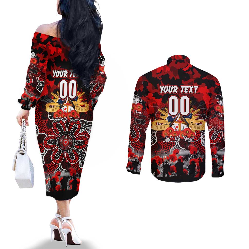 Personalized Dragons ANZAC Day Couples Matching Off The Shoulder Long Sleeve Dress and Long Sleeve Button Shirt Australian Army - Lest We Forget