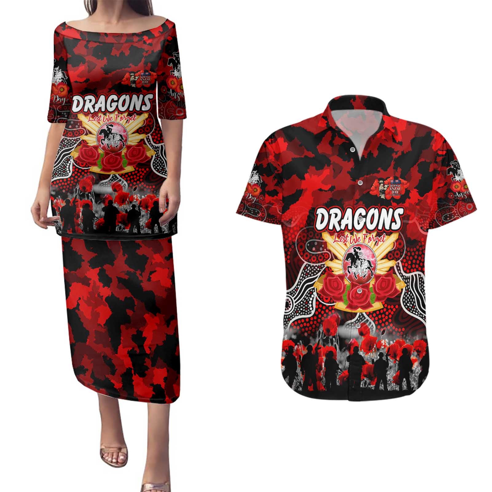 Personalized Dragons ANZAC Day Couples Matching Puletasi and Hawaiian Shirt Australian Army - Lest We Forget