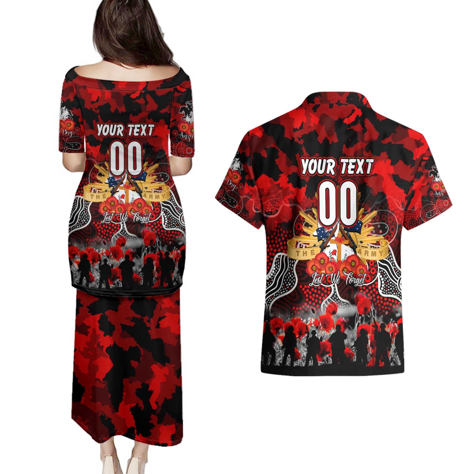 Personalized Dragons ANZAC Day Couples Matching Puletasi and Hawaiian Shirt Australian Army - Lest We Forget