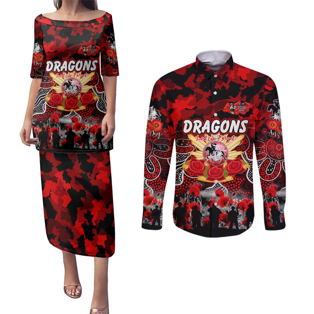 Personalized Dragons ANZAC Day Couples Matching Puletasi and Long Sleeve Button Shirt Australian Army - Lest We Forget