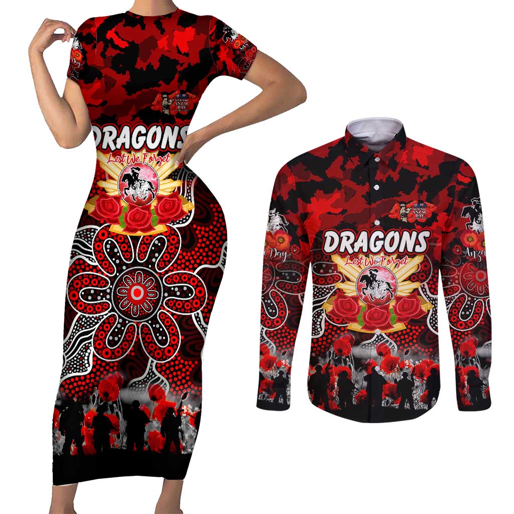 Personalized Dragons ANZAC Day Couples Matching Short Sleeve Bodycon Dress and Long Sleeve Button Shirt Australian Army - Lest We Forget