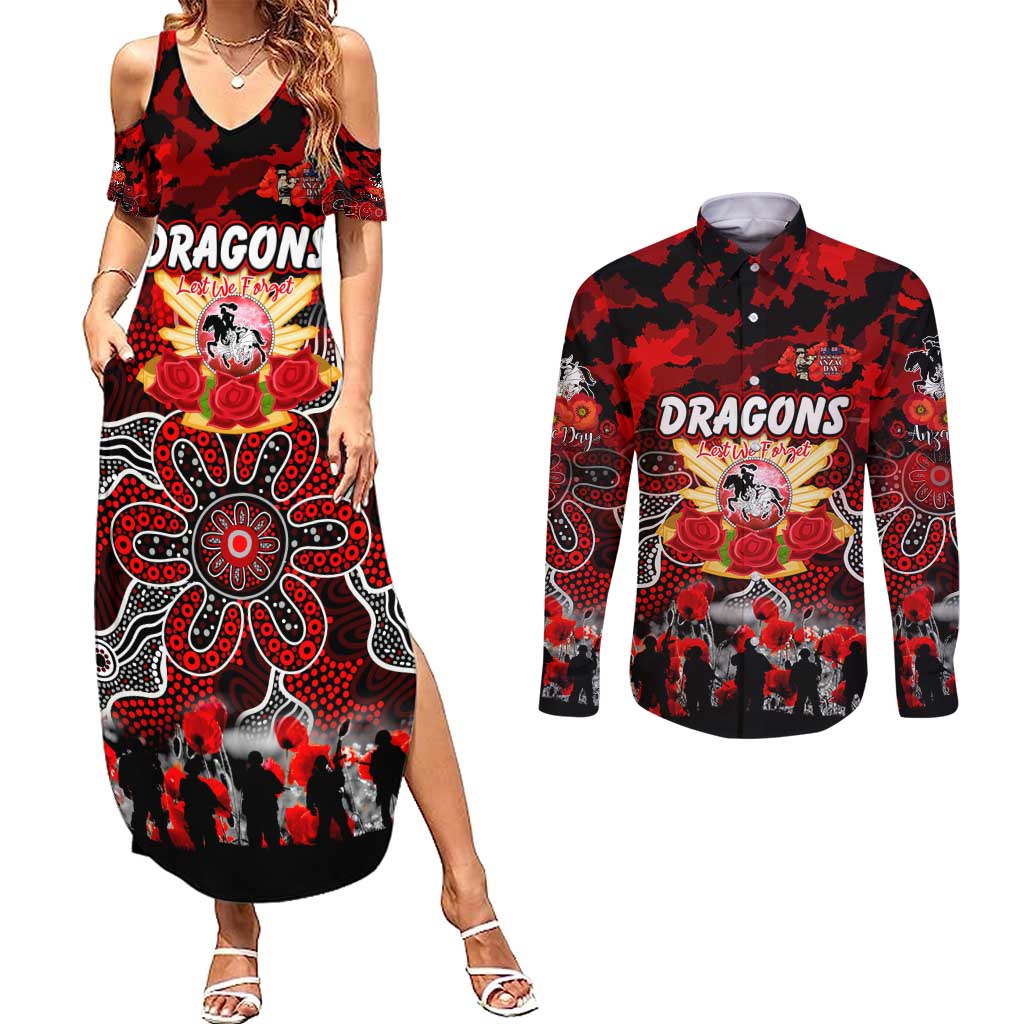 Personalized Dragons ANZAC Day Couples Matching Summer Maxi Dress and Long Sleeve Button Shirt Australian Army - Lest We Forget