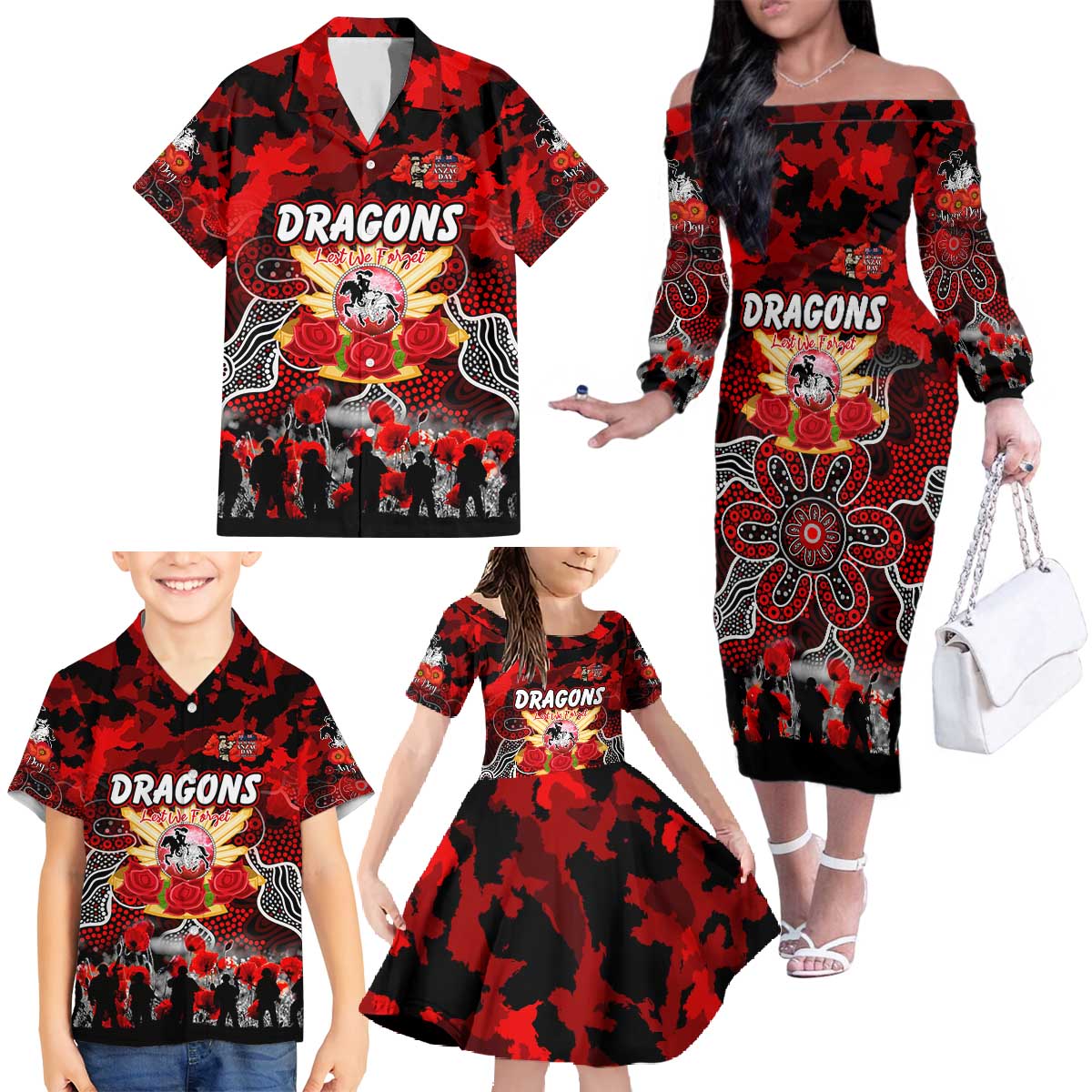 Personalized Dragons ANZAC Day Family Matching Off The Shoulder Long Sleeve Dress and Hawaiian Shirt Australian Army - Lest We Forget