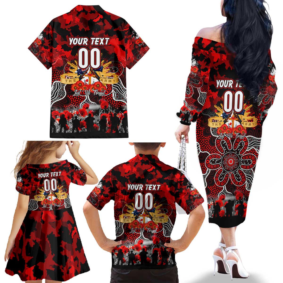 Personalized Dragons ANZAC Day Family Matching Off The Shoulder Long Sleeve Dress and Hawaiian Shirt Australian Army - Lest We Forget