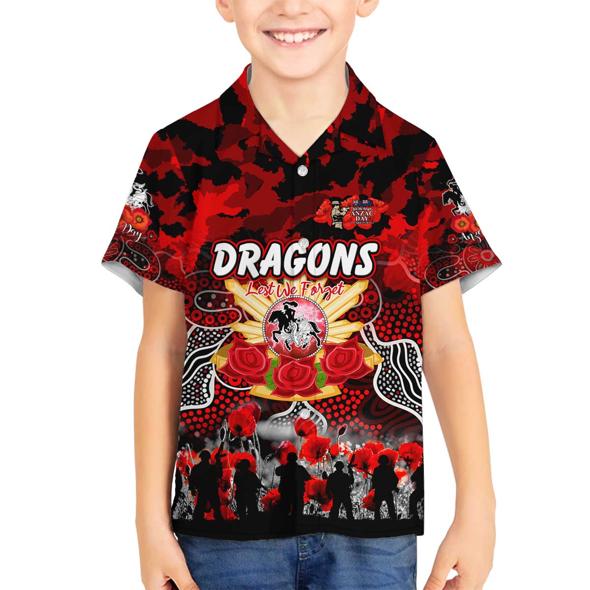 Personalized Dragons ANZAC Day Family Matching Off The Shoulder Long Sleeve Dress and Hawaiian Shirt Australian Army - Lest We Forget