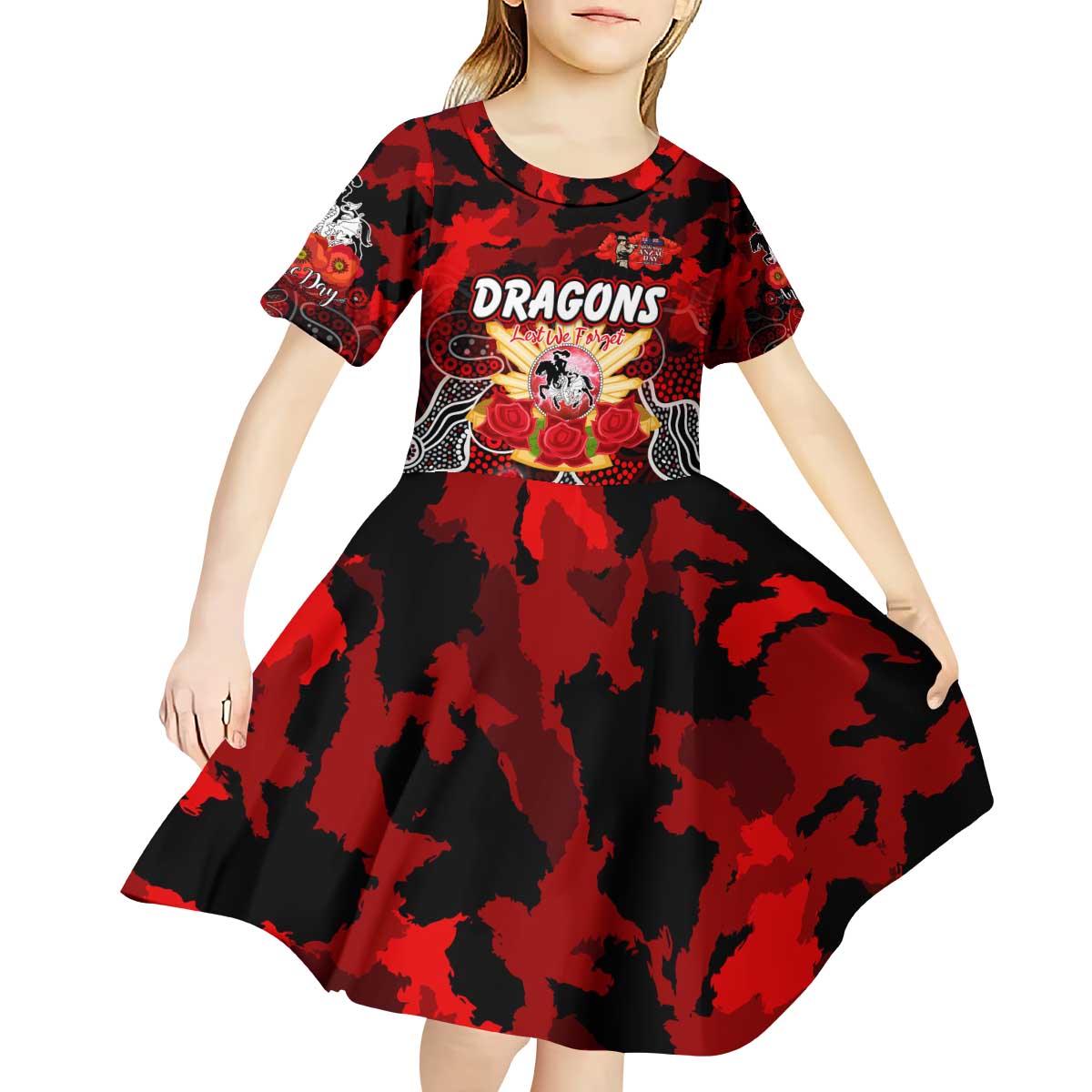 Personalized Dragons ANZAC Day Kid Short Sleeve Dress Australian Army - Lest We Forget