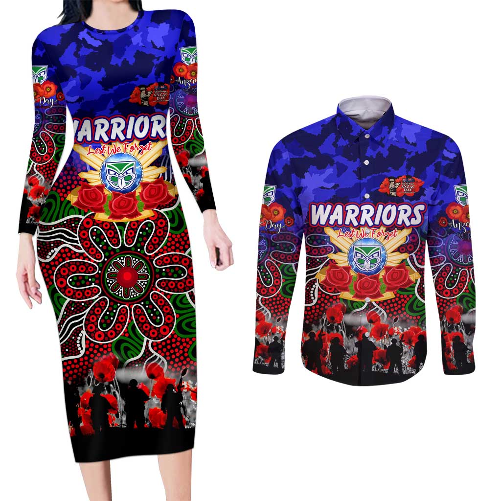 Personalized Warriors ANZAC Day Couples Matching Long Sleeve Bodycon Dress and Long Sleeve Button Shirt Australian Army - Lest We Forget