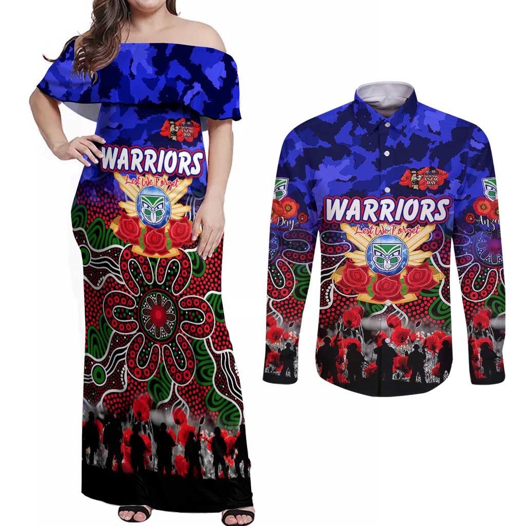 Personalized Warriors ANZAC Day Couples Matching Off Shoulder Maxi Dress and Long Sleeve Button Shirt Australian Army - Lest We Forget