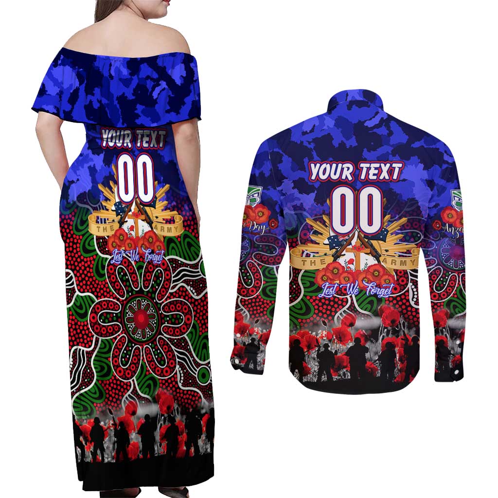 Personalized Warriors ANZAC Day Couples Matching Off Shoulder Maxi Dress and Long Sleeve Button Shirt Australian Army - Lest We Forget