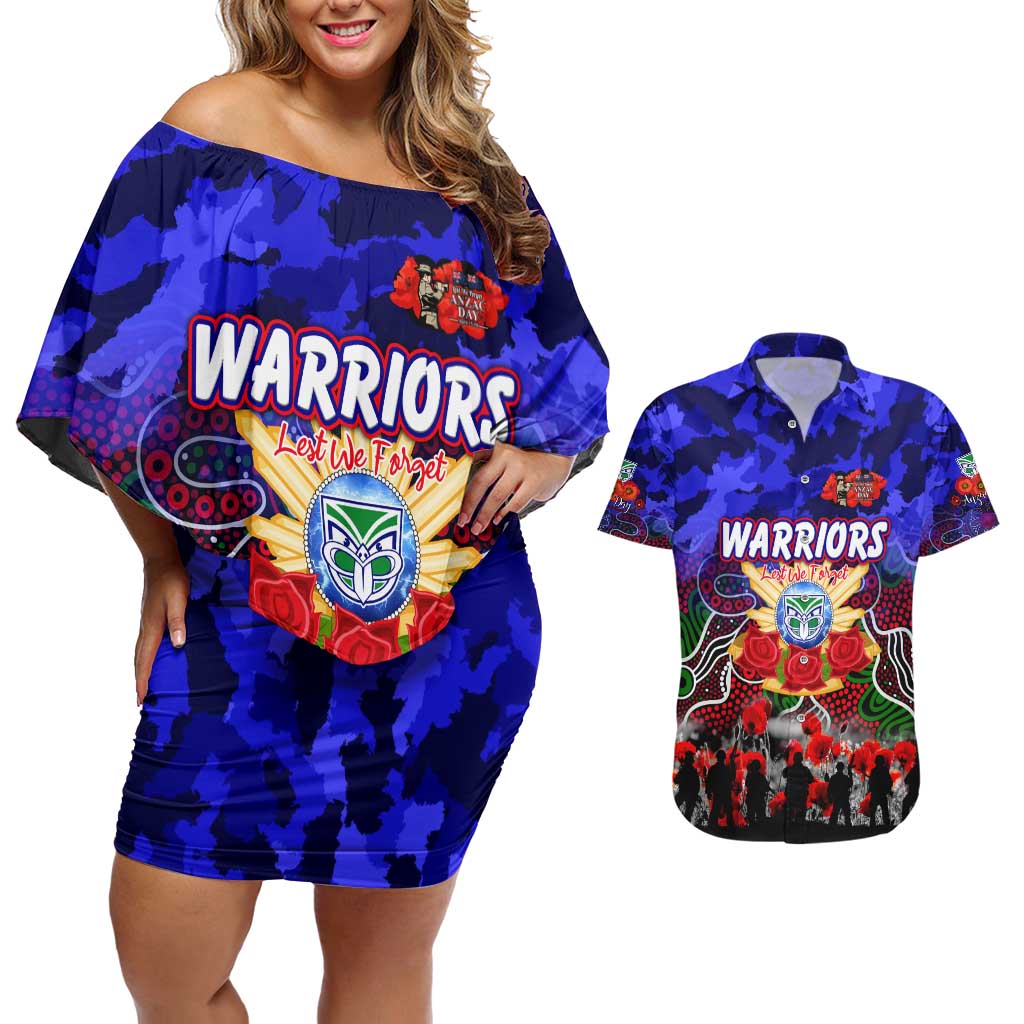 Personalized Warriors ANZAC Day Couples Matching Off Shoulder Short Dress and Hawaiian Shirt Australian Army - Lest We Forget