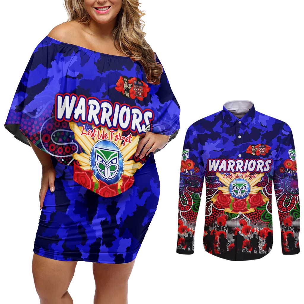 Personalized Warriors ANZAC Day Couples Matching Off Shoulder Short Dress and Long Sleeve Button Shirt Australian Army - Lest We Forget