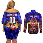 Personalized Warriors ANZAC Day Couples Matching Off Shoulder Short Dress and Long Sleeve Button Shirt Australian Army - Lest We Forget