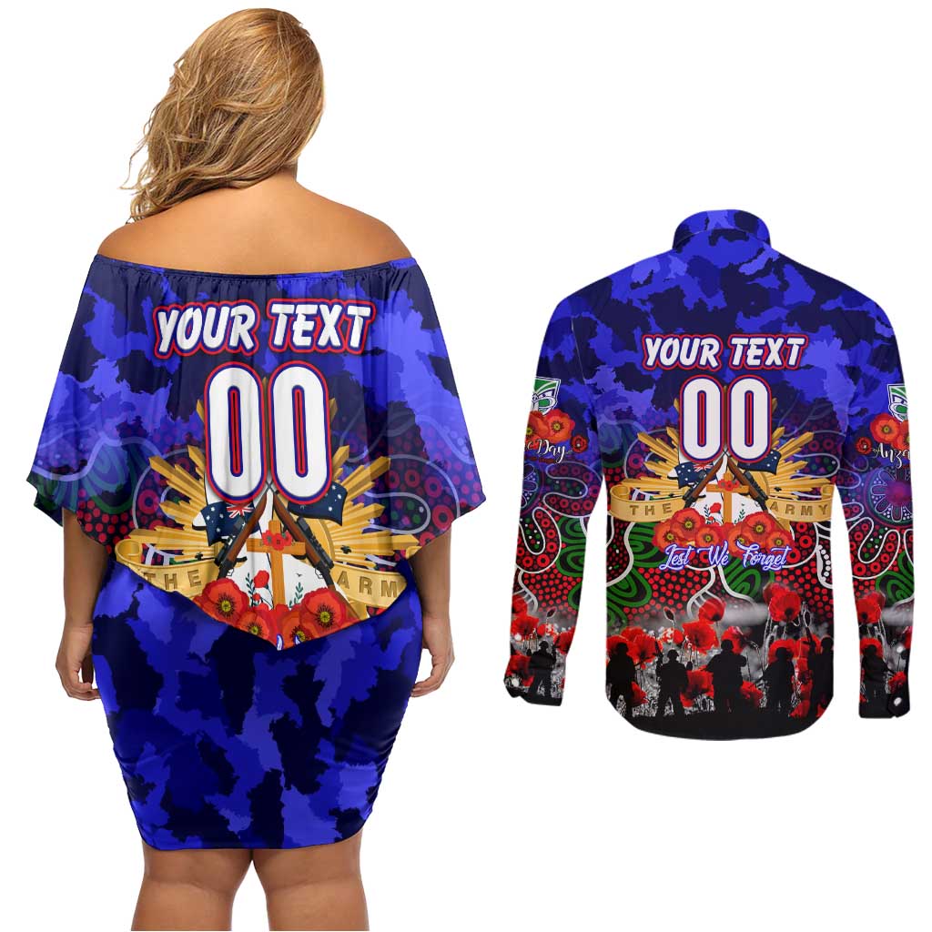 Personalized Warriors ANZAC Day Couples Matching Off Shoulder Short Dress and Long Sleeve Button Shirt Australian Army - Lest We Forget