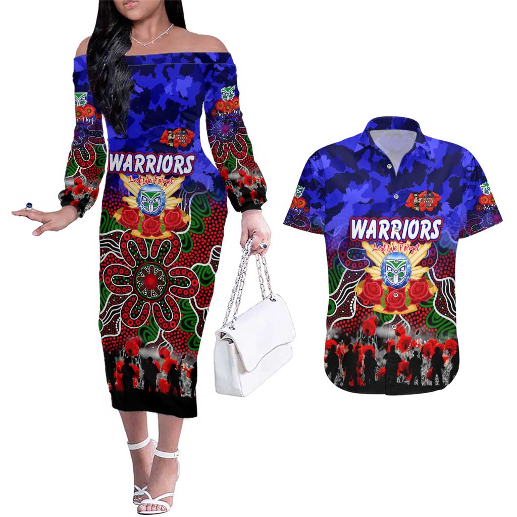 Personalized Warriors ANZAC Day Couples Matching Off The Shoulder Long Sleeve Dress and Hawaiian Shirt Australian Army - Lest We Forget