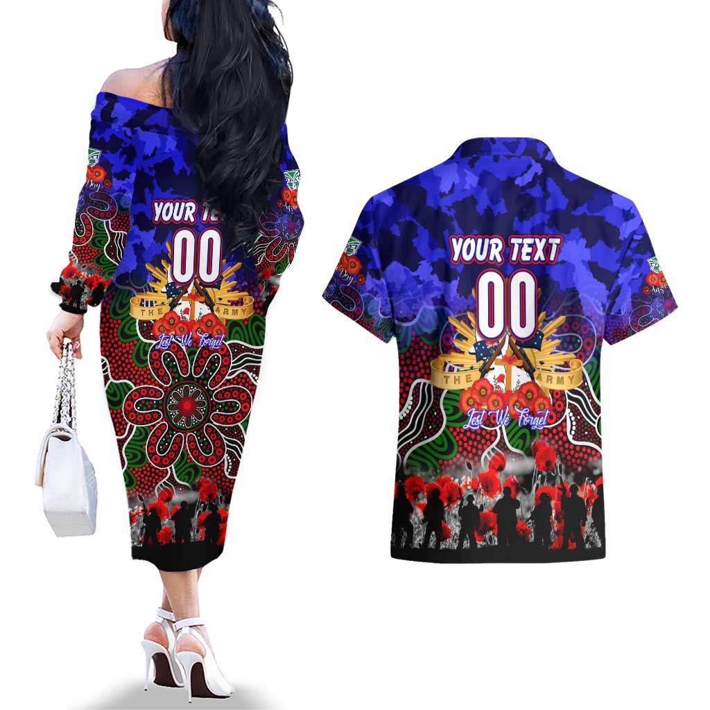Personalized Warriors ANZAC Day Couples Matching Off The Shoulder Long Sleeve Dress and Hawaiian Shirt Australian Army - Lest We Forget