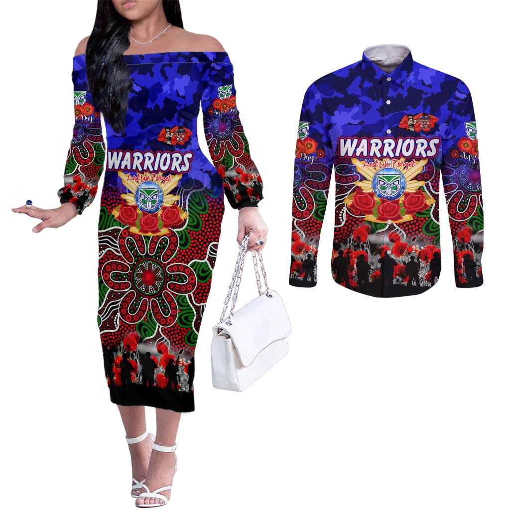 Personalized Warriors ANZAC Day Couples Matching Off The Shoulder Long Sleeve Dress and Long Sleeve Button Shirt Australian Army - Lest We Forget