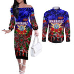 Personalized Warriors ANZAC Day Couples Matching Off The Shoulder Long Sleeve Dress and Long Sleeve Button Shirt Australian Army - Lest We Forget