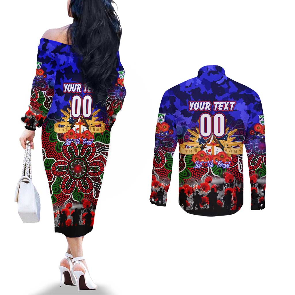 Personalized Warriors ANZAC Day Couples Matching Off The Shoulder Long Sleeve Dress and Long Sleeve Button Shirt Australian Army - Lest We Forget