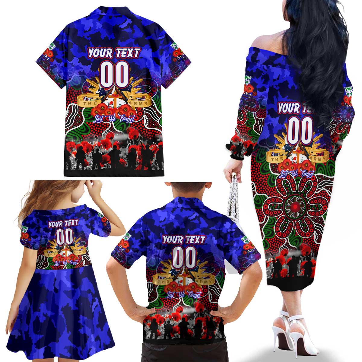 Personalized Warriors ANZAC Day Family Matching Off The Shoulder Long Sleeve Dress and Hawaiian Shirt Australian Army - Lest We Forget