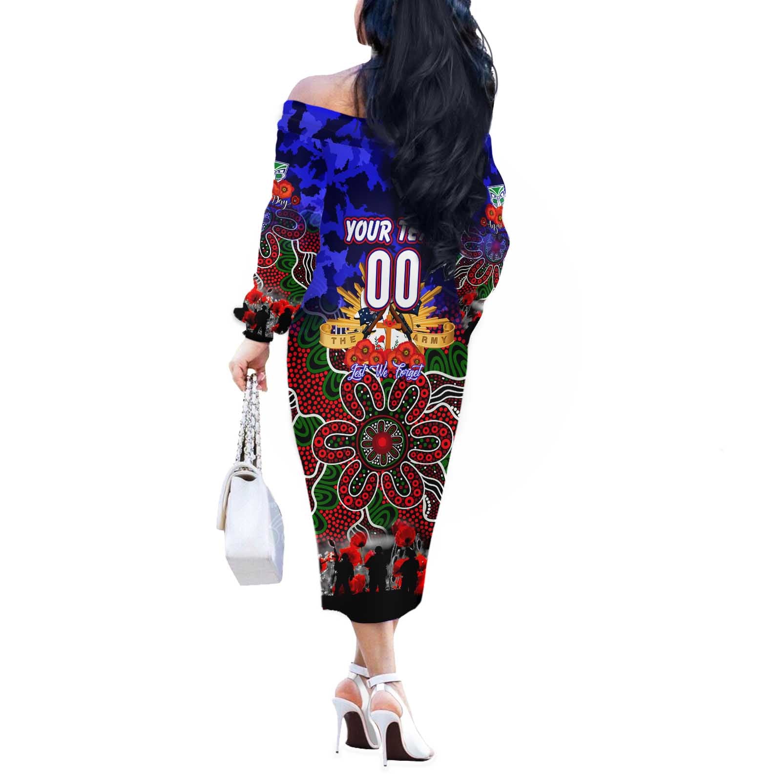 Personalized Warriors ANZAC Day Off The Shoulder Long Sleeve Dress Australian Army - Lest We Forget