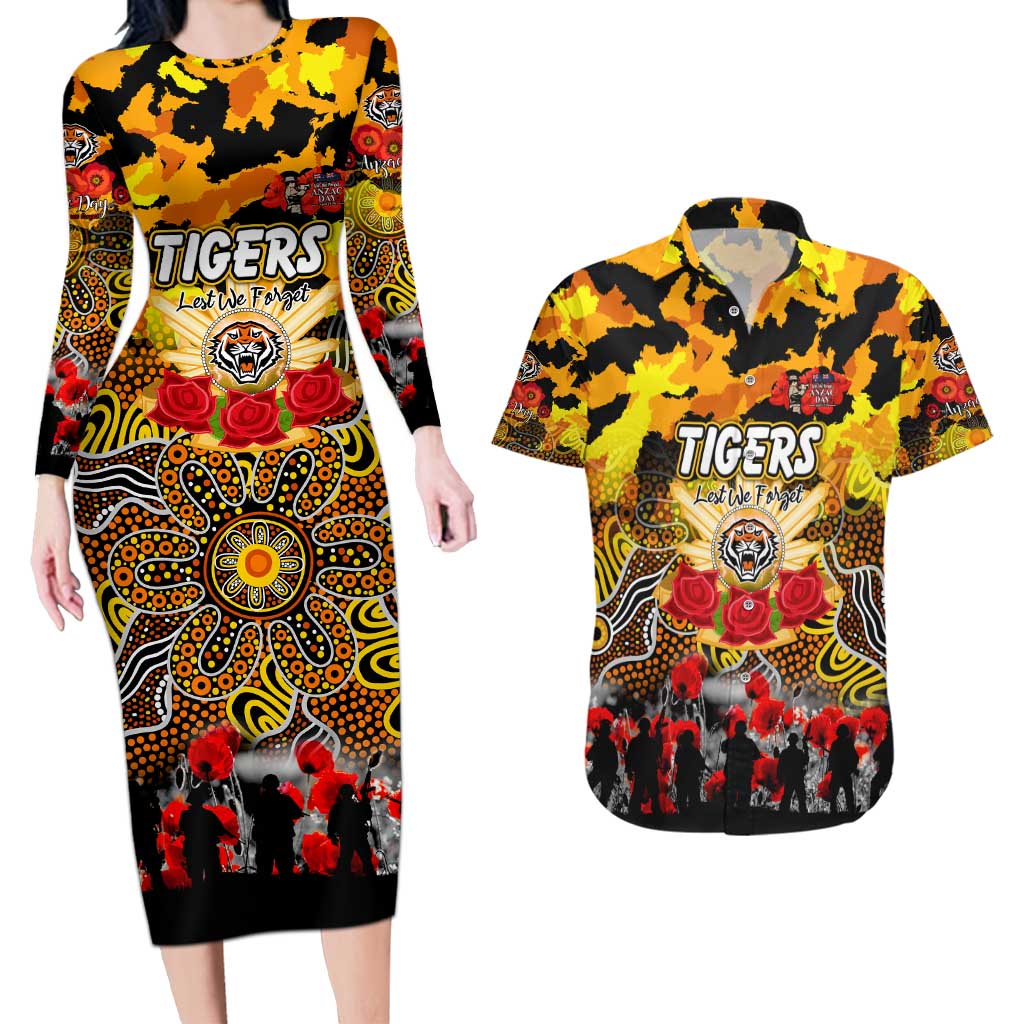 Personalized Tigers ANZAC Day Couples Matching Long Sleeve Bodycon Dress and Hawaiian Shirt Australian Army - Lest We Forget
