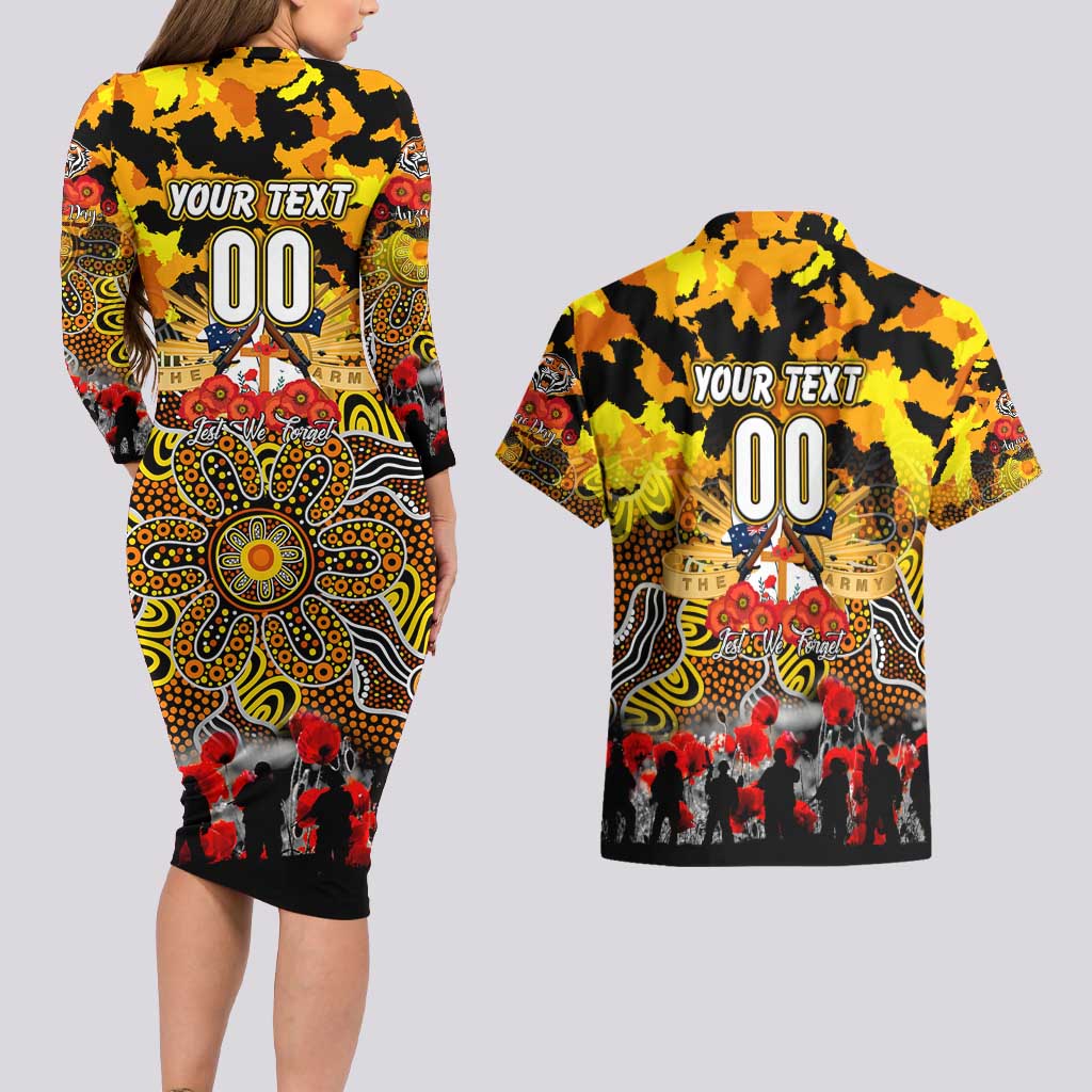 Personalized Tigers ANZAC Day Couples Matching Long Sleeve Bodycon Dress and Hawaiian Shirt Australian Army - Lest We Forget