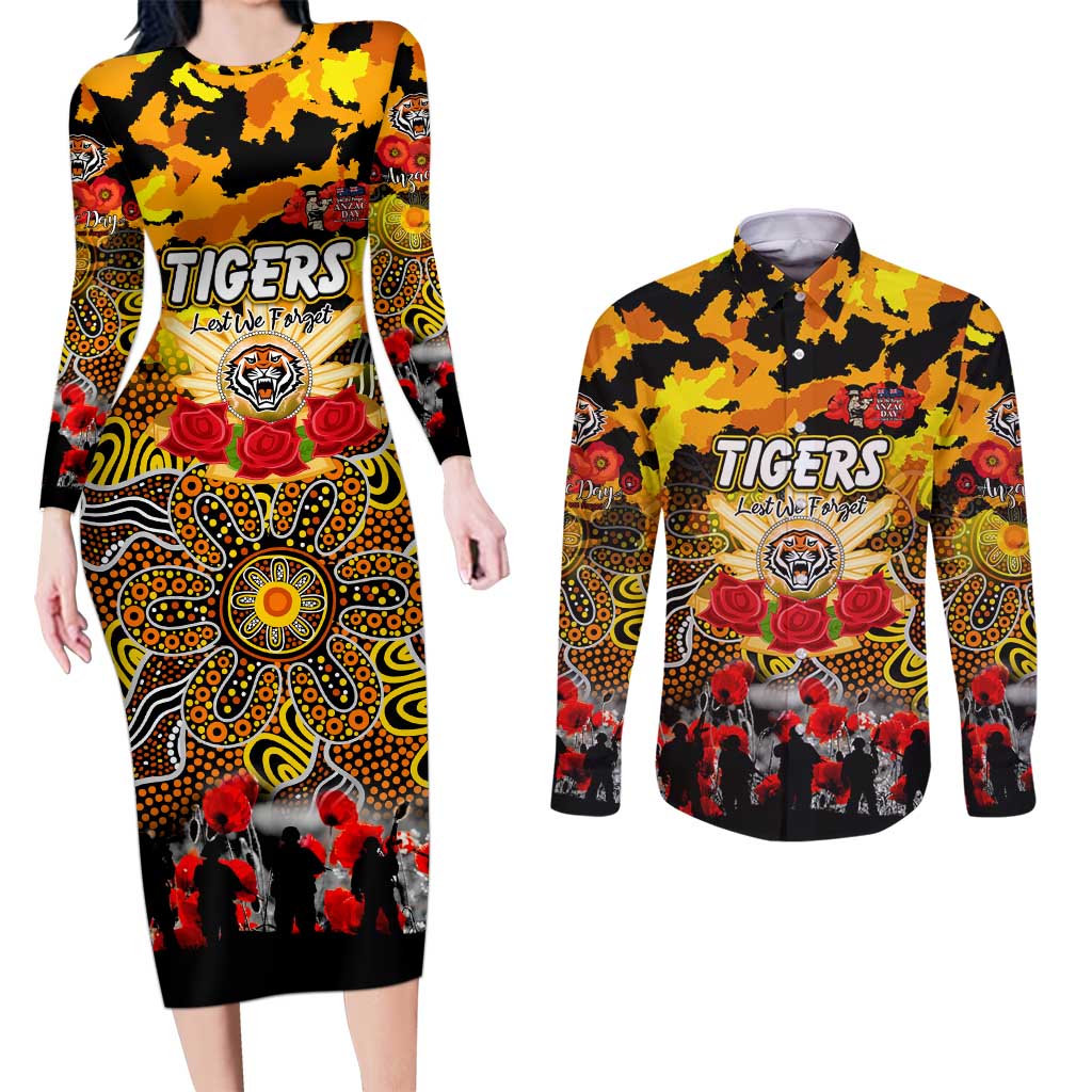Personalized Tigers ANZAC Day Couples Matching Long Sleeve Bodycon Dress and Long Sleeve Button Shirt Australian Army - Lest We Forget