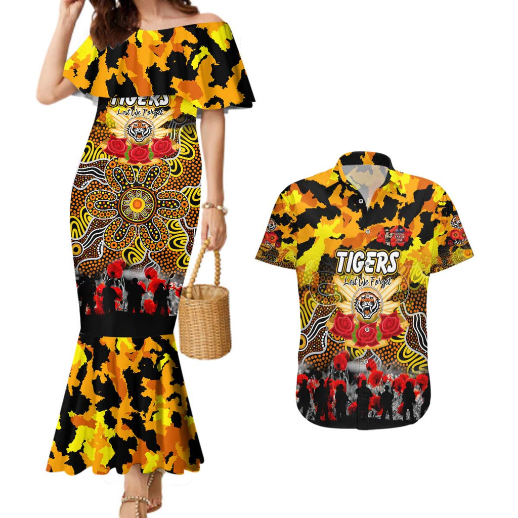Personalized Tigers ANZAC Day Couples Matching Mermaid Dress and Hawaiian Shirt Australian Army - Lest We Forget