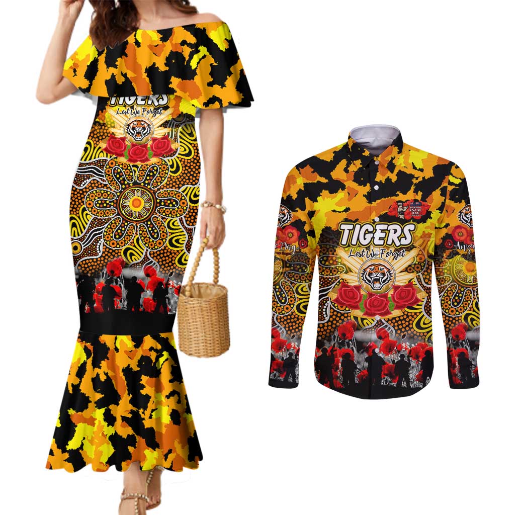 Personalized Tigers ANZAC Day Couples Matching Mermaid Dress and Long Sleeve Button Shirt Australian Army - Lest We Forget