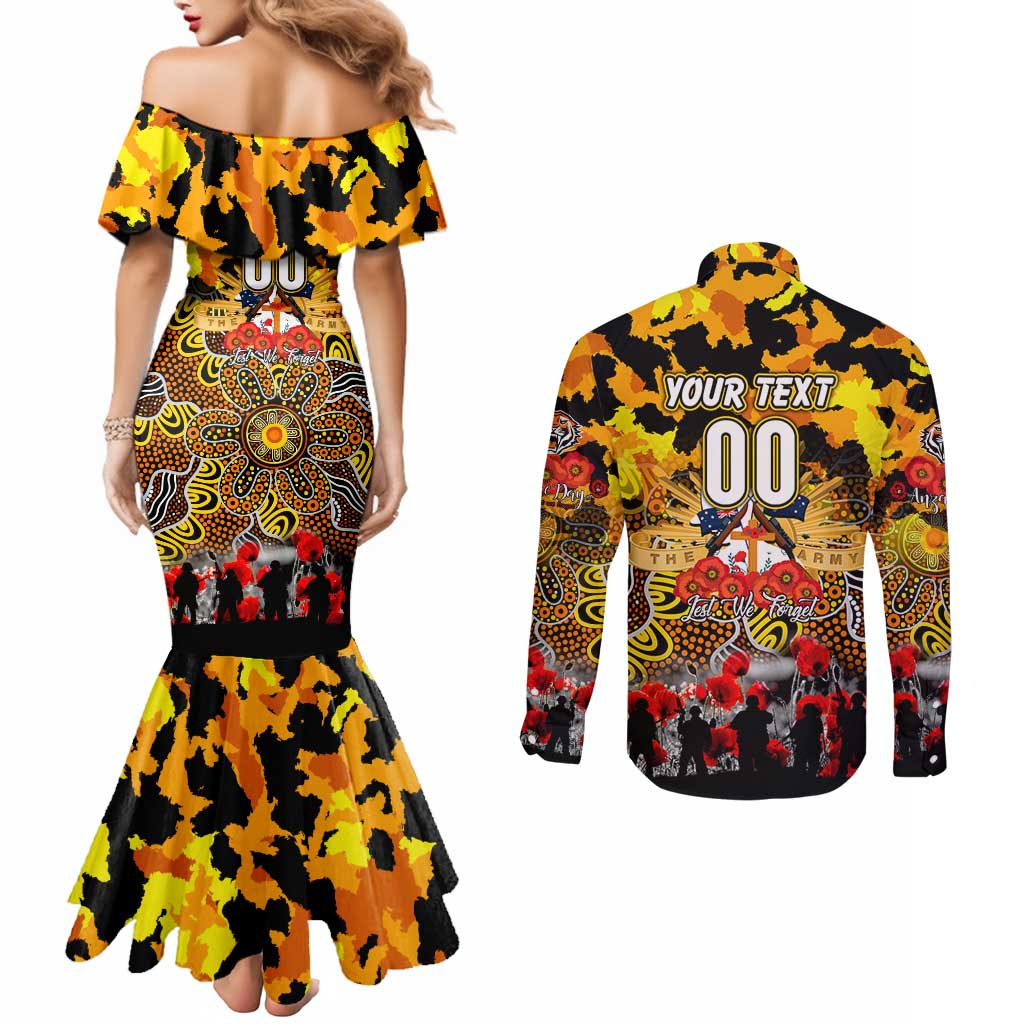 Personalized Tigers ANZAC Day Couples Matching Mermaid Dress and Long Sleeve Button Shirt Australian Army - Lest We Forget