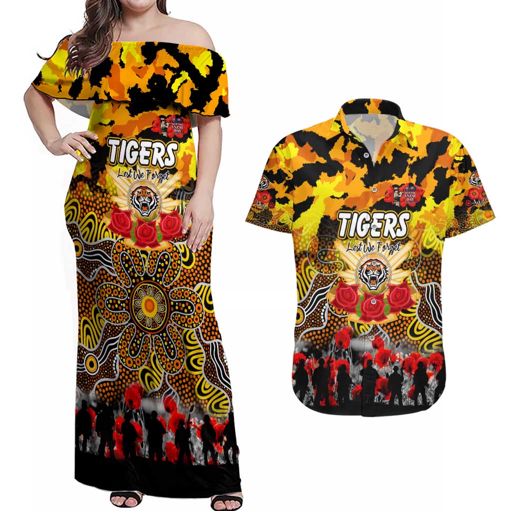 Personalized Tigers ANZAC Day Couples Matching Off Shoulder Maxi Dress and Hawaiian Shirt Australian Army - Lest We Forget