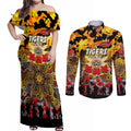Personalized Tigers ANZAC Day Couples Matching Off Shoulder Maxi Dress and Long Sleeve Button Shirt Australian Army - Lest We Forget