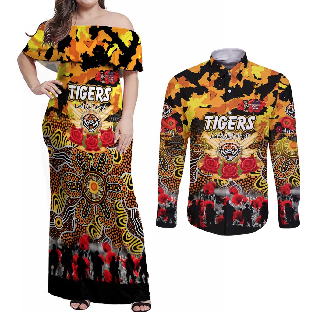 Personalized Tigers ANZAC Day Couples Matching Off Shoulder Maxi Dress and Long Sleeve Button Shirt Australian Army - Lest We Forget
