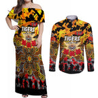 Personalized Tigers ANZAC Day Couples Matching Off Shoulder Maxi Dress and Long Sleeve Button Shirt Australian Army - Lest We Forget
