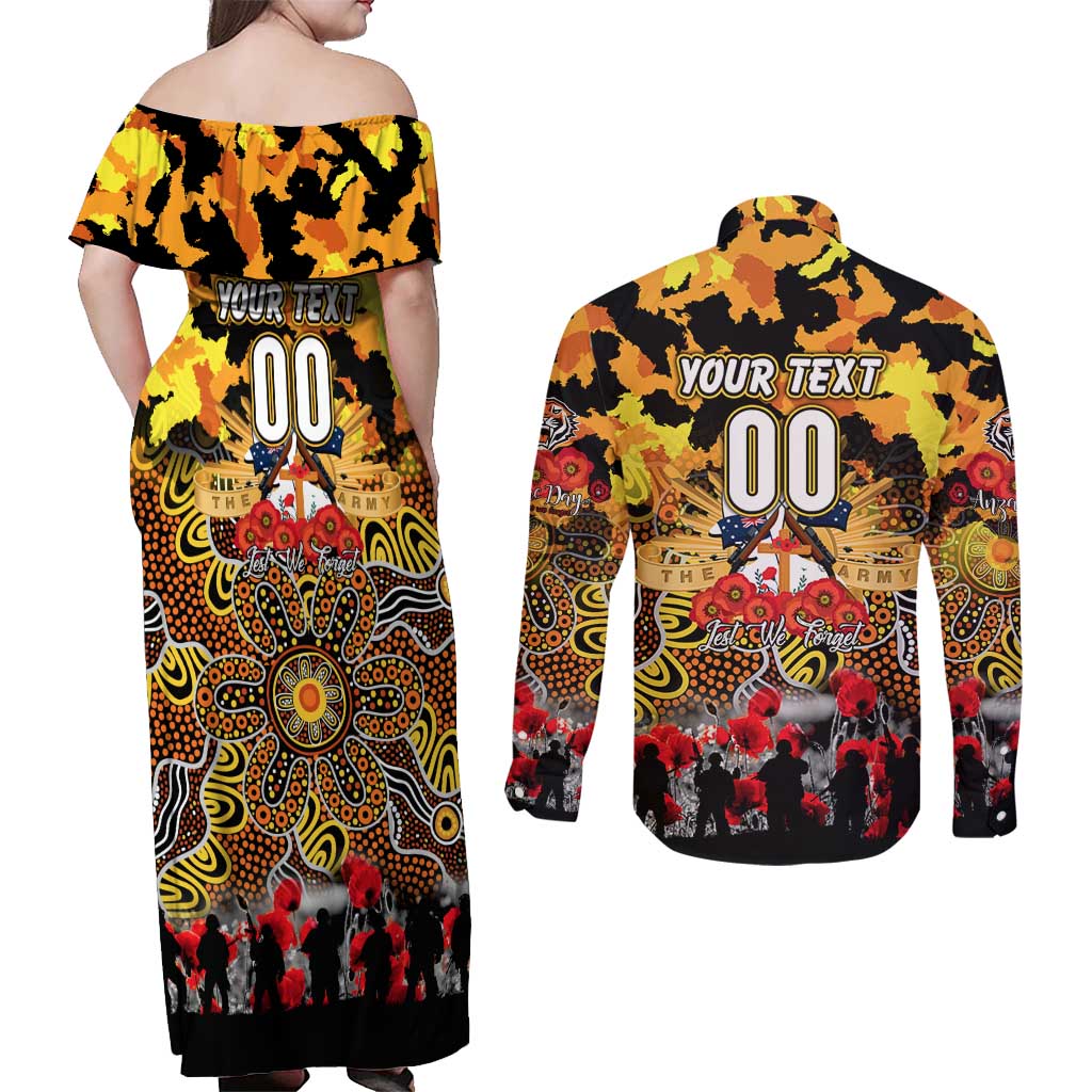 Personalized Tigers ANZAC Day Couples Matching Off Shoulder Maxi Dress and Long Sleeve Button Shirt Australian Army - Lest We Forget