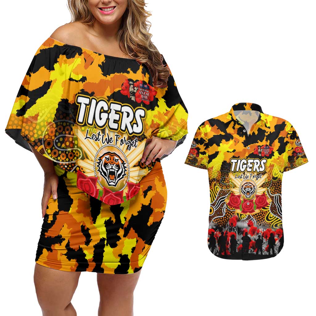 Personalized Tigers ANZAC Day Couples Matching Off Shoulder Short Dress and Hawaiian Shirt Australian Army - Lest We Forget