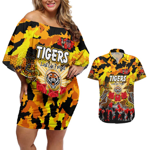 Personalized Tigers ANZAC Day Couples Matching Off Shoulder Short Dress and Hawaiian Shirt Australian Army - Lest We Forget